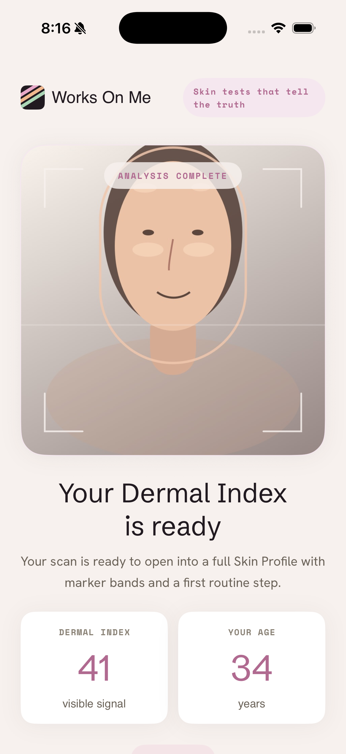 Works On Me reveal screen showing the Dermal Index reveal