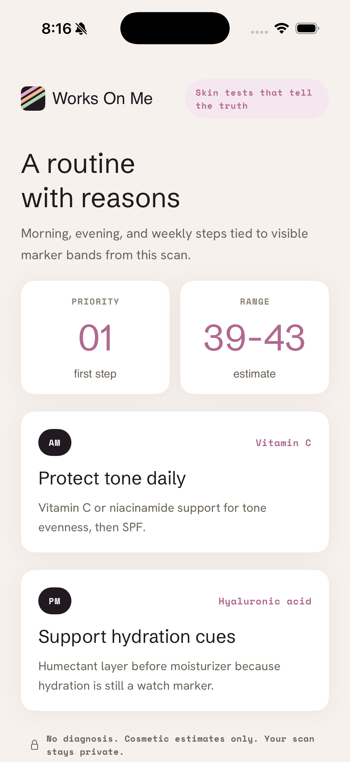 Works On Me routine screen with scan-backed reasoning