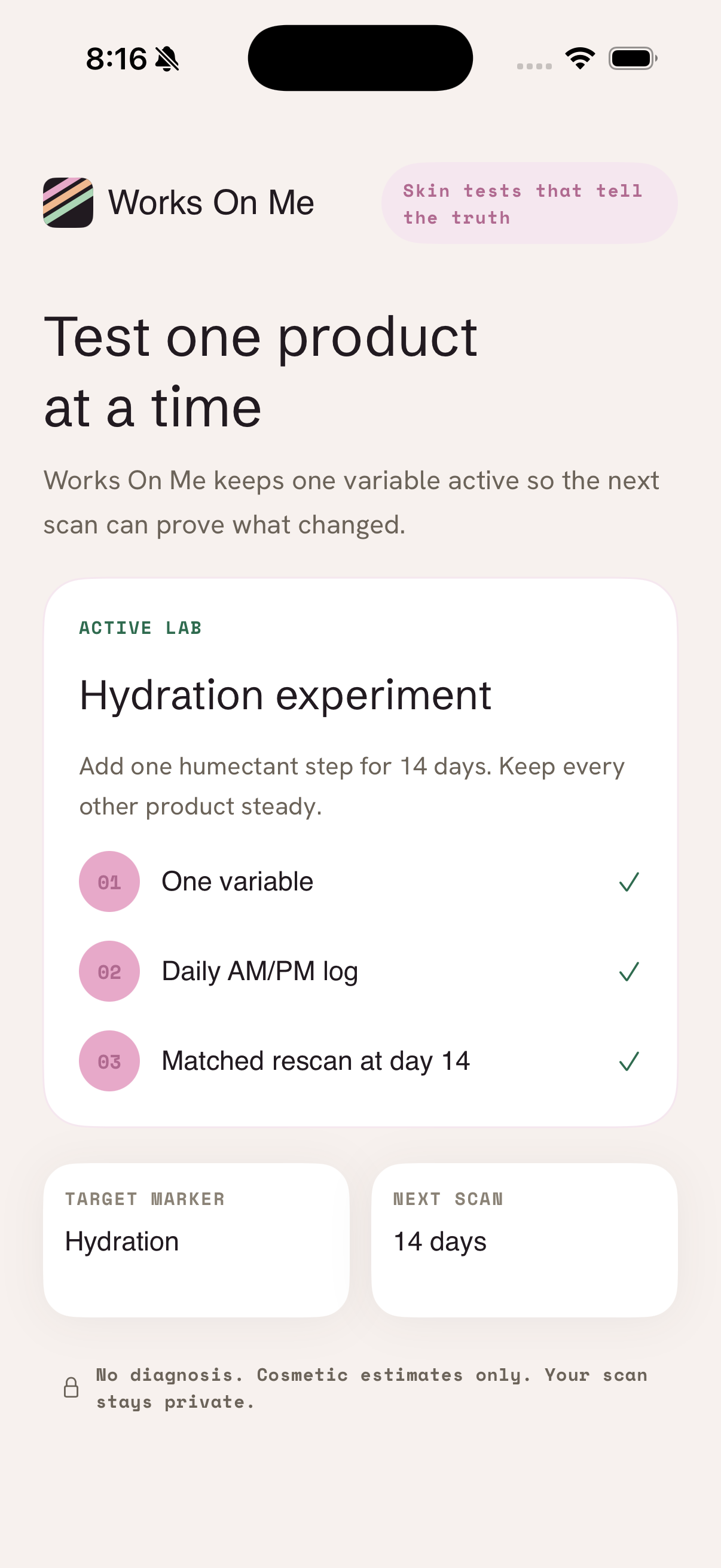 Works On Me experiment screen for testing one product