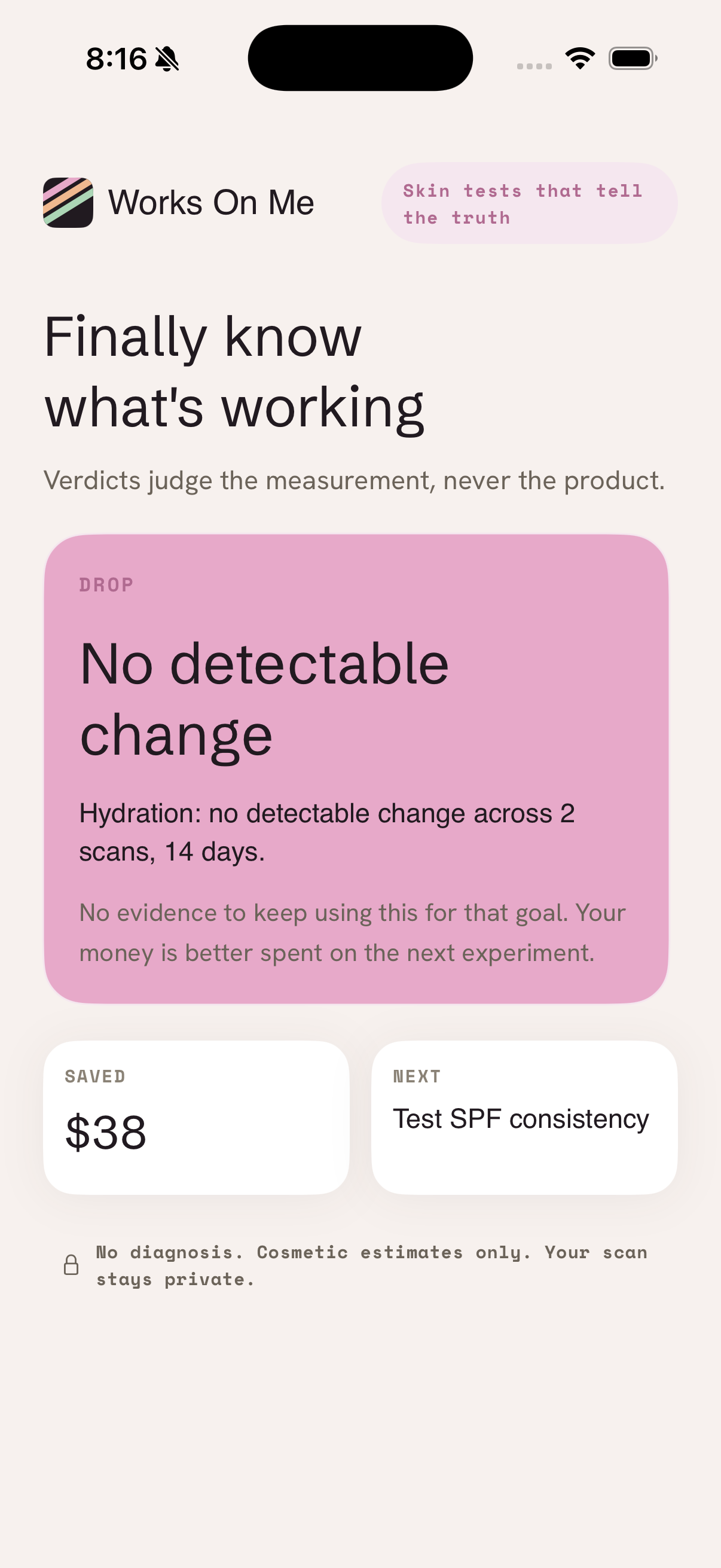 Works On Me verdict screen showing a keep or drop decision